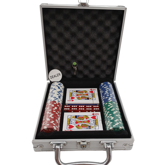 100 PC Poker Chip Set in Aluminum Case – Cards, Dice, Chips, Dealer Button & Key - Picture 1 of 4